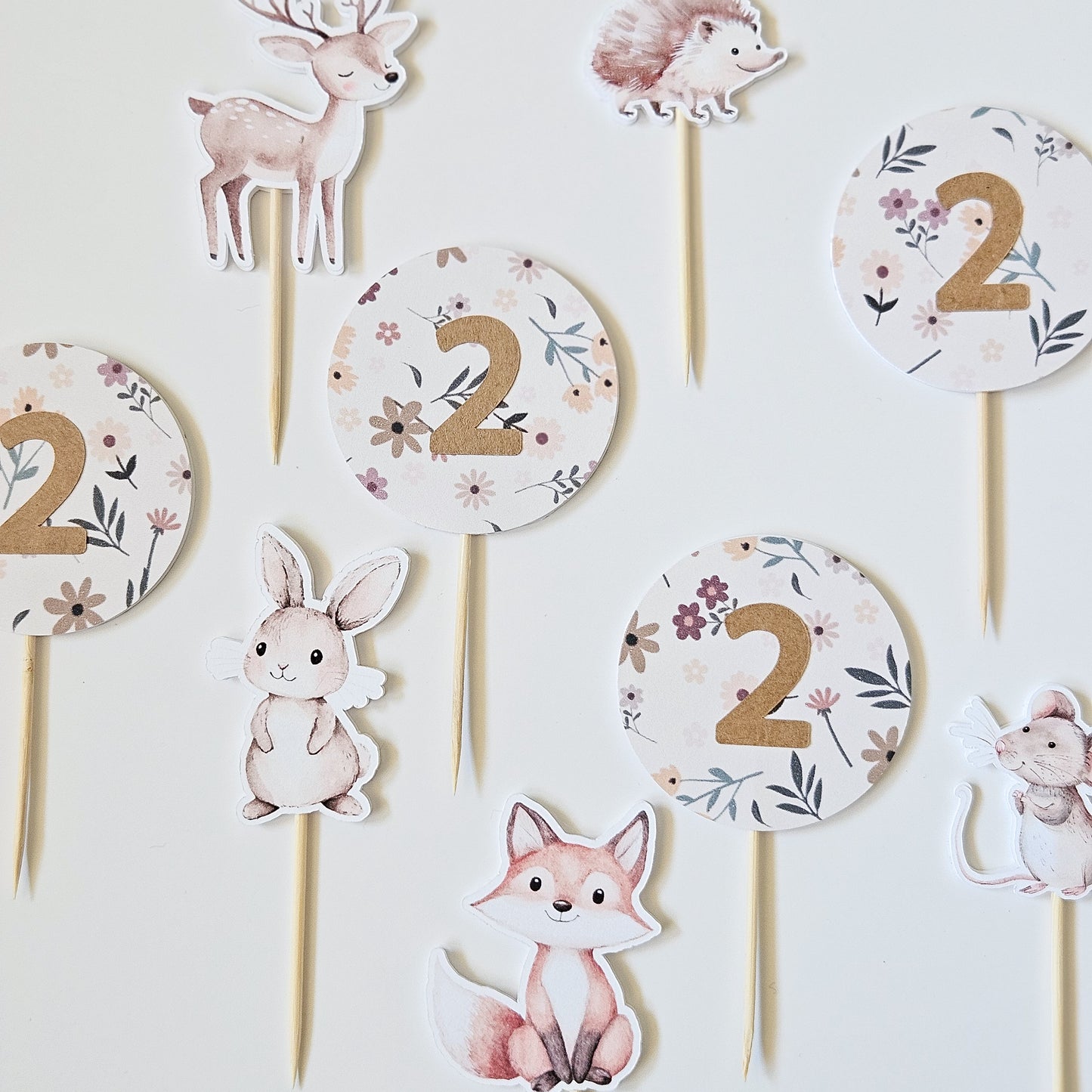 12 Toppers à cupcake fleuris + animaux