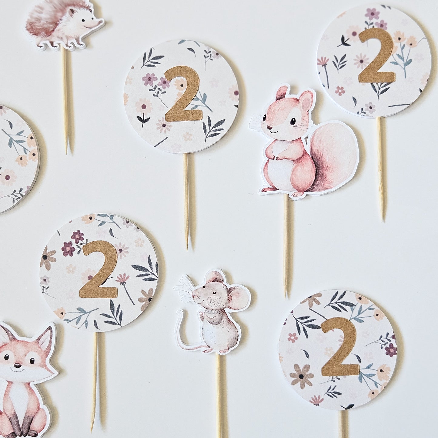 12 Toppers à cupcake fleuris + animaux