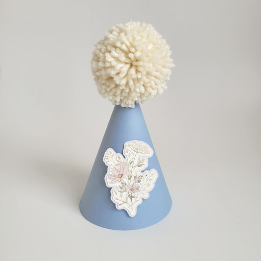 Lavender Blue Party Hat with Bouquet / Wildflowers