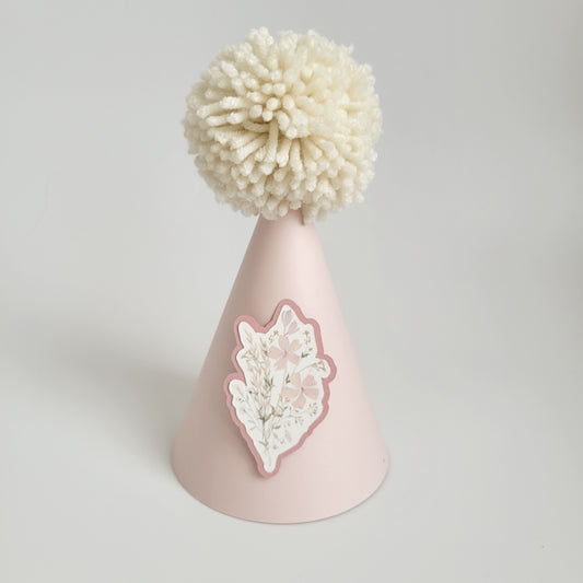 Pale Pink Party Hat with Dark Pink Bouquet/Wildflowers